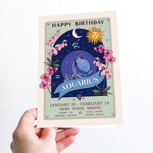 Aquarius Birthday Card, Happy Birthday Zodiac Star Sign Large A5 Card ...