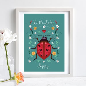 Stampa artistica da parete per cameretta dei bambini "Little Ladybird", personalizzabile con il nome del bambino