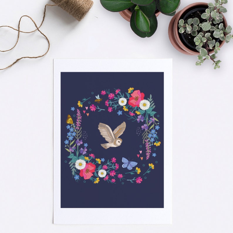 Owl and Wildflower Garland Illustration Print, Botanical Wall Art image 3