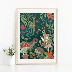 Stampa per vivaio con animali selvatici del bosco, stampa artistica da parete con ricci e animali selvatici