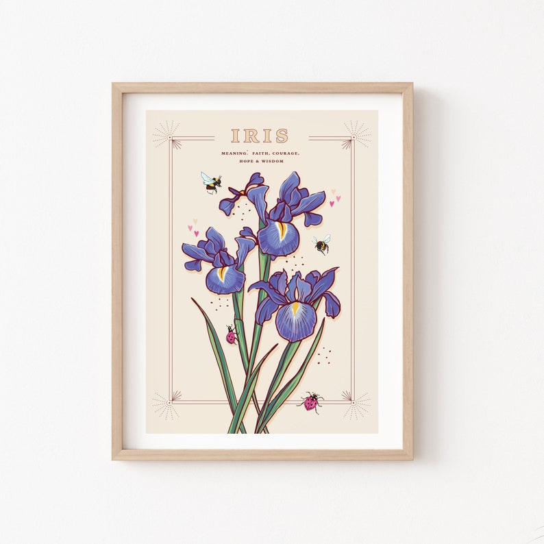 Wall art print of line drawn iris flowers in blue and purple