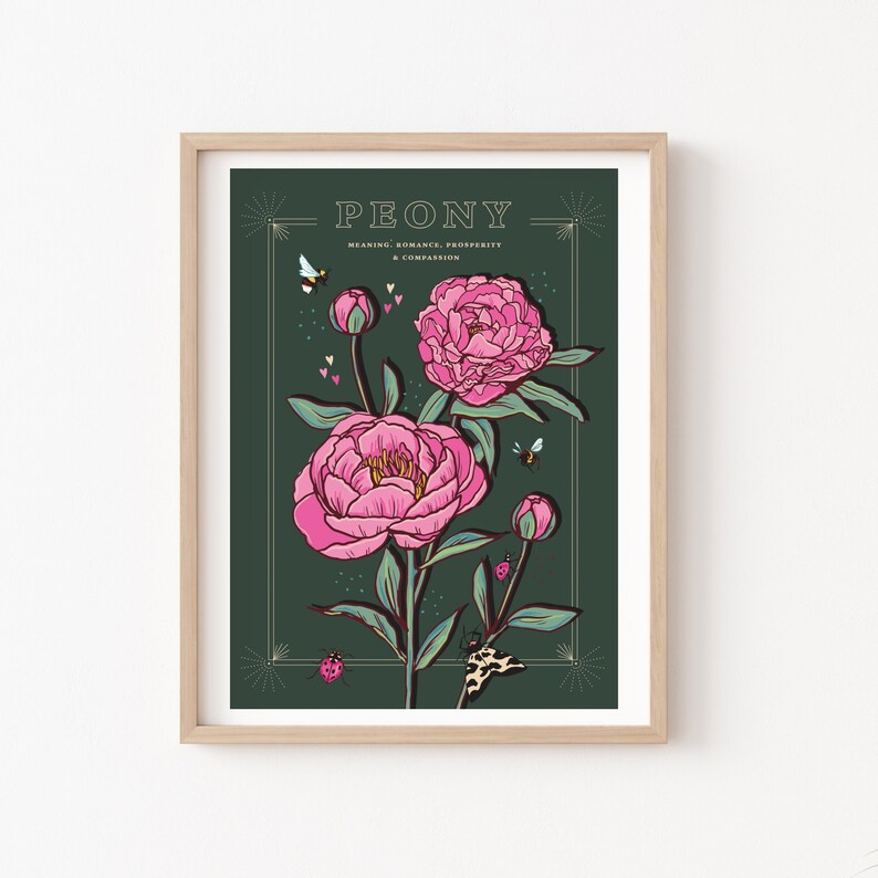 Peony Wall Art Print, Flower Meaning Illustration Print A4 Green Background