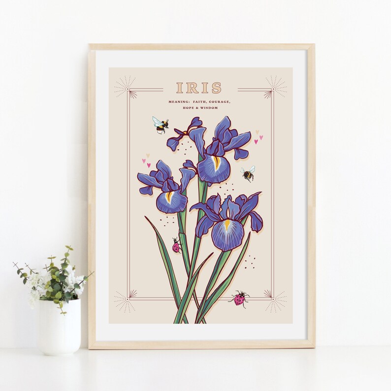Wall art print of line drawn iris flowers in blue and purple