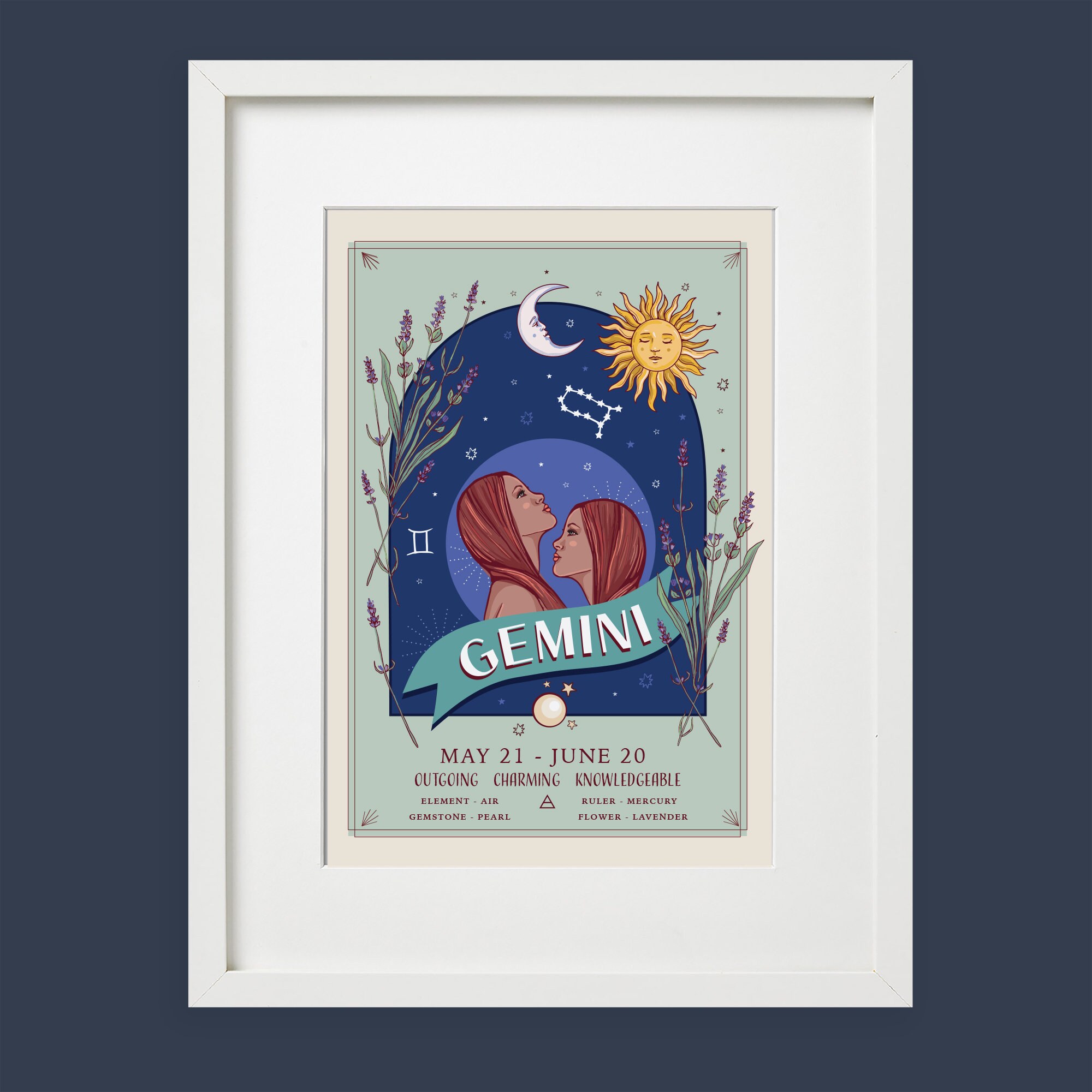 Gemini Wall Art Print, Zodiac Sign and Flowers Illustration Print