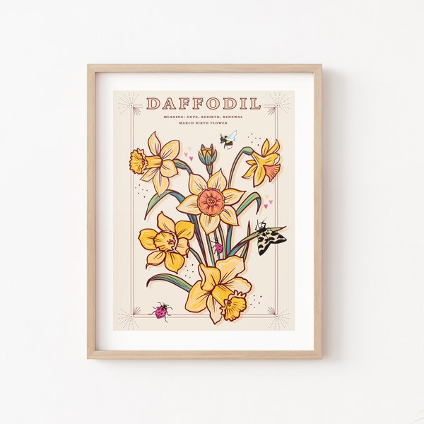Wall Art Print narcissen, geboorte maart bloemen illustratie print