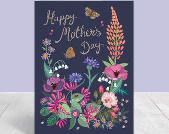 Carte de fête des mères heureuse, carte florale pour maman, illustration botanique sur une carte pour maman, grande carte A5
