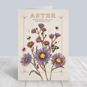 Tarjeta de cumpleaños con flores de nacimiento de septiembre, tarjeta de cumpleaños con aster