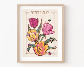 Tulip Wall Art Print, Meaning of Flowers Vintage Seed Packet Style Illustration Print
