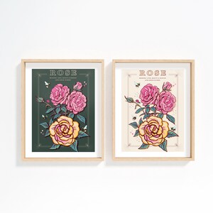 Wall art print of line drawn rose flowers in pink and yellow