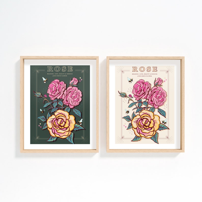 Wall art print of line drawn rose flowers in pink and yellow