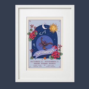 Puede incluir: Una ilustraci&oacute;n azul y blanca del signo del zod&iacute;aco Escorpio con un escorpi&oacute;n, estrellas, una luna creciente y un sol. El texto "SCORPIO" est&aacute; en una pancarta debajo del escorpi&oacute;n. El texto "OCTOBER 22 - NOVEMBER 21" est&aacute; debajo de la pancarta. El texto "PASSIONATE DETERMINED RESOURCEFUL" est&aacute; debajo de la fecha. El texto "ELEMENT WATER" est&aacute; en el lado izquierdo de la imagen. El texto "RULER MARS" est&aacute; en el lado derecho de la imagen. El texto "GEMSTONE TOPAZ" est&aacute; debajo del elemento. El texto "FLOWER GERANIUM" est&aacute; debajo del gobernante.
