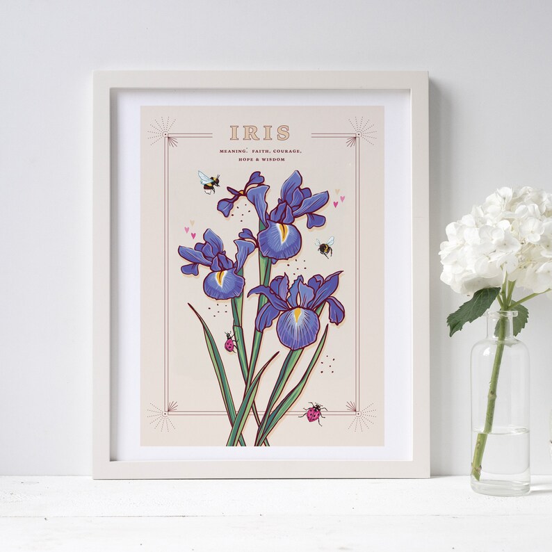 Wall art print of line drawn iris flowers in blue and purple