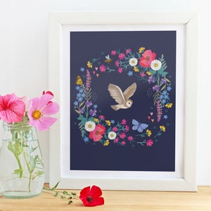Owl and Wildflower Garland Illustration Print, Botanical Wall Art image 2