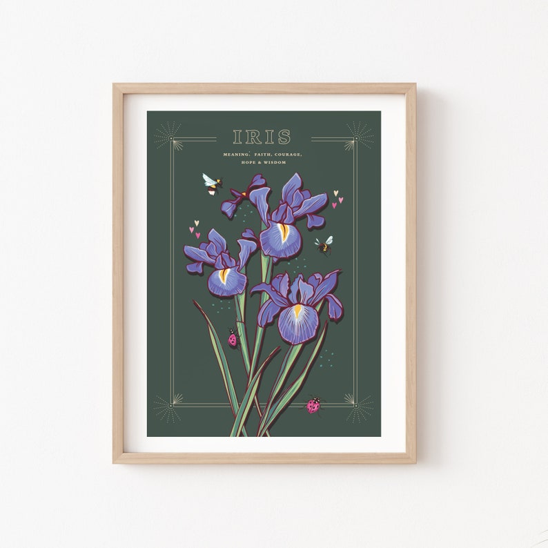 Wall art print of line drawn iris flowers in blue and purple