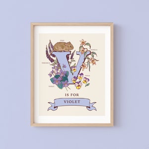 Impressão personalizada da letra V, arte de parede com inicial V, ilustração do monograma do guia da natureza