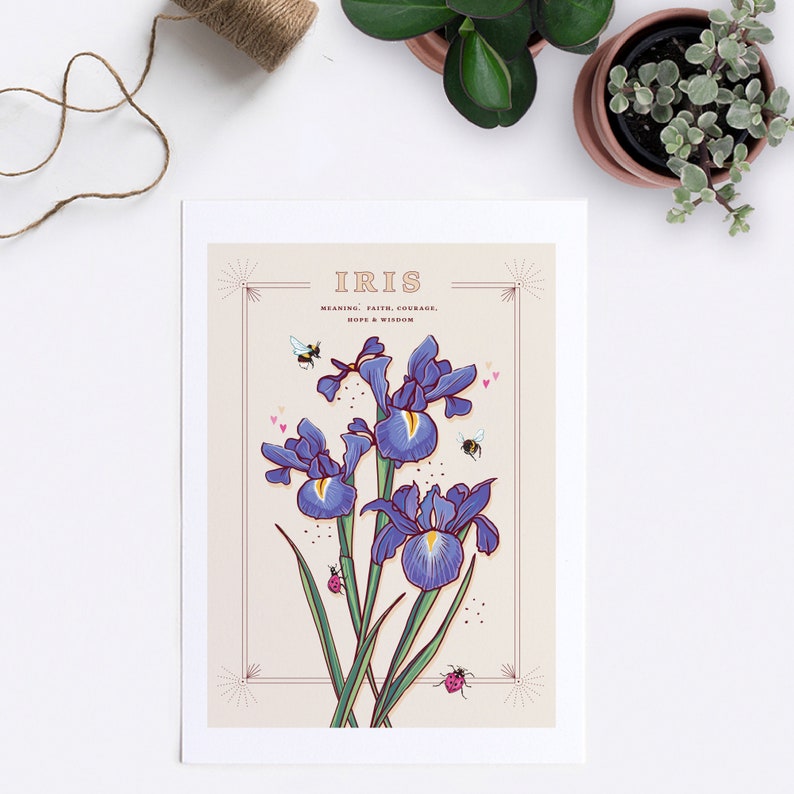 Wall art print of line drawn iris flowers in blue and purple