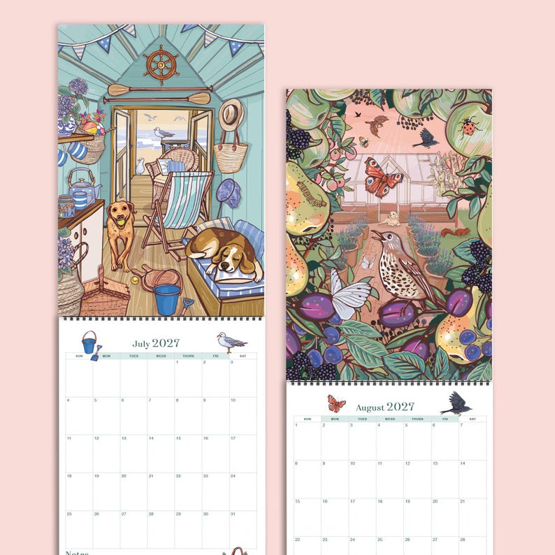 May include: A wall calendar featuring two open pages for July and August 2027. The July page shows a beach hut interior with dogs, a deck chair, and seaside decor. The August page displays a garden scene with fruit, a bird, and butterflies.