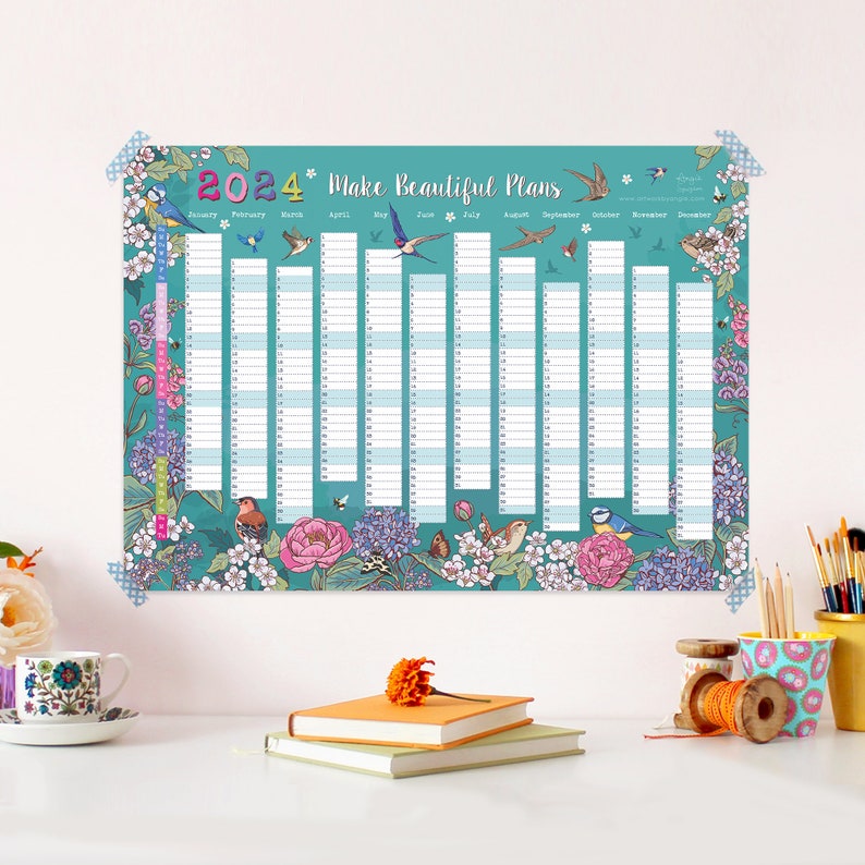 2024 Wall Planner, Flowers and Garden Birds Wall Calendar, Year To View Planner image 3