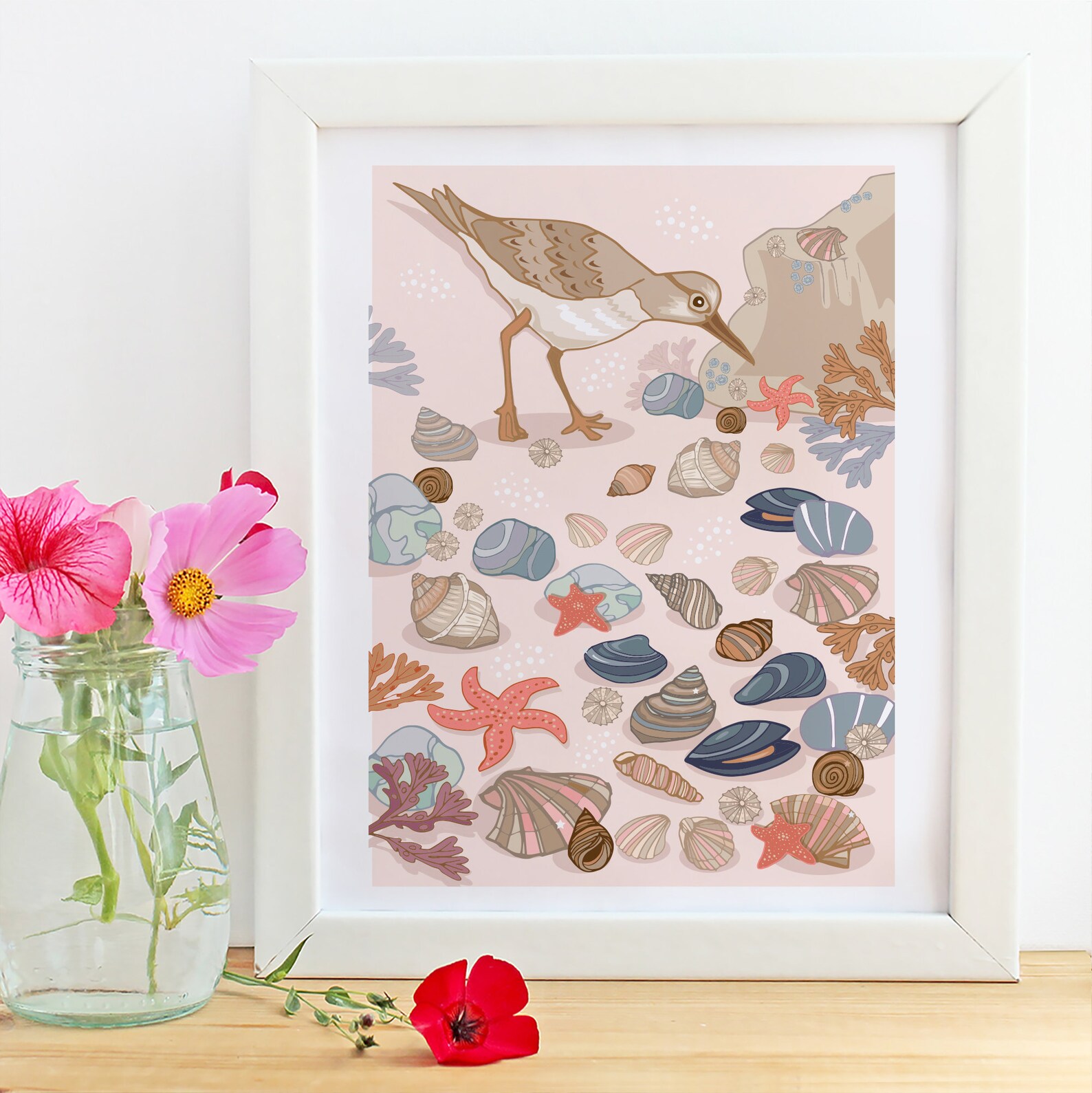 Sandpiper and Seabirds Wall Art Print, Coastal Birds Illustration Print ...