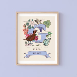 Impressão personalizada da letra G, arte de parede com a inicial G, ilustração do monograma do guia da natureza