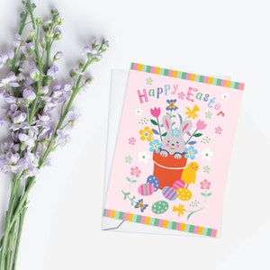 Bright Floral Easter Bunny Card in Pink, Cute Bunny in the Flower Pot image 3