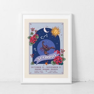 Puede incluir: Una ilustraci&oacute;n de estilo vintage del signo del zod&iacute;aco Escorpio. La ilustraci&oacute;n presenta un escorpi&oacute;n, una luna creciente, un sol y un borde floral. El texto "Escorpio" est&aacute; escrito en una fuente decorativa. Las fechas "22 de octubre - 21 de noviembre" se enumeran debajo del signo. El texto "Apasionado, Determinado, Ingenioso" se enumera debajo de las fechas. El texto "Elemento: Agua, Piedra preciosa: Topacio, Flor: Geranio" se enumera debajo de los rasgos.