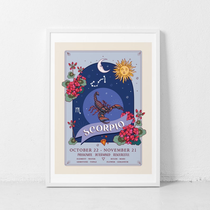 Puede incluir: Una ilustraci&oacute;n de estilo vintage del signo del zod&iacute;aco Escorpio. La ilustraci&oacute;n presenta un escorpi&oacute;n, una luna creciente, un sol y un borde floral. El texto "Escorpio" est&aacute; escrito en una fuente decorativa. Las fechas "22 de octubre - 21 de noviembre" se enumeran debajo del signo. El texto "Apasionado, Determinado, Ingenioso" se enumera debajo de las fechas. El texto "Elemento: Agua, Piedra preciosa: Topacio, Flor: Geranio" se enumera debajo de los rasgos.