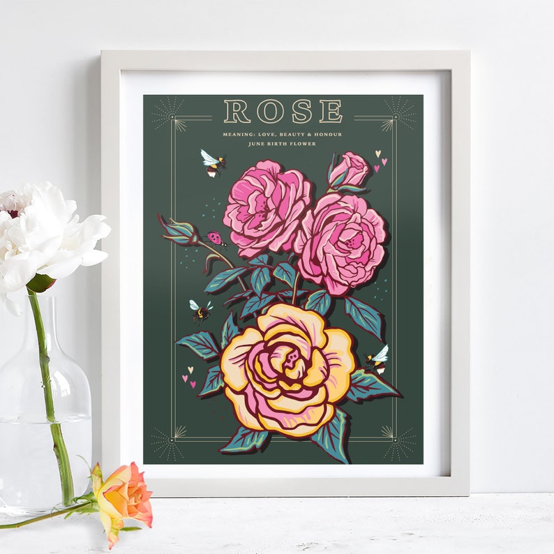 Wall art print of line drawn rose flowers in pink and yellow