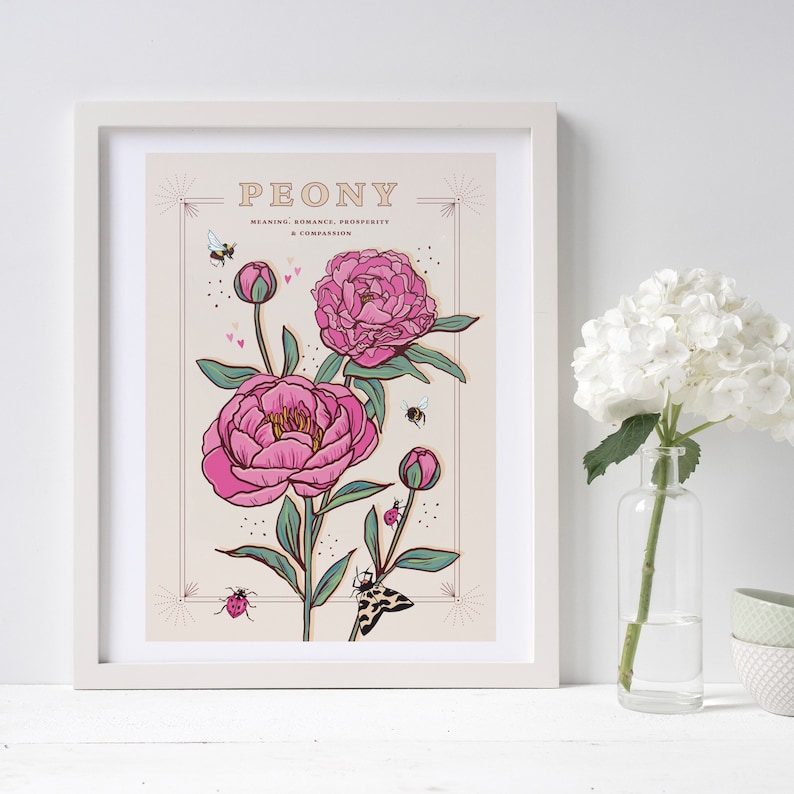 Peony Wall Art Print, Flower Meaning Illustration Print image 3