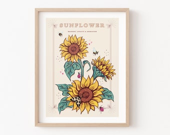 Sunflower Wall Art Print, Loyalty and Adoration Flower Illustration Print