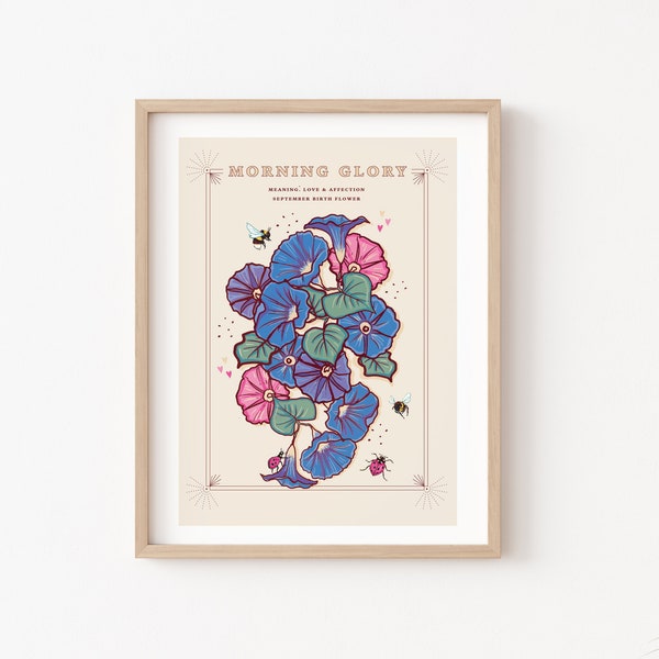 Morning Glory Wall Art Print, Meaning of Flowers Illustration Print, September Birth Flowers