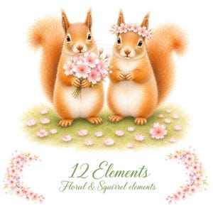 Peut inclure: Illustration numérique de deux écureuils roux sur de l'herbe avec des fleurs roses. L'un tient un bouquet de fleurs roses, l'autre porte une couronne de fleurs. Le texte indique "12 Elements Floral & Squirrel elements".