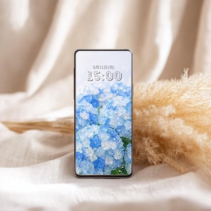 以下が含まれることがあります： 青と白のアジサイの花のクローズアップを表示するスマートフォンの画面。画面には日付と時刻も表示されています：5月11日（月）15:00。スマートフォンは柔らかいニュートラルな背景に置かれています。