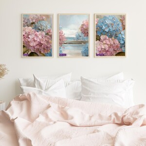 Hydrangea Triptych Wall Art | Japandi Minimalist Decor | Mid Century Boho Flower Prints, Light Blue & Rosewater Pastel Floral Set of 3　