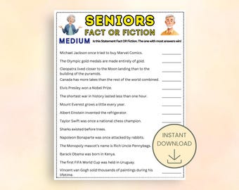 Fact or Fiction Game Medium, Games for Senior Citizens, Elderly Games, Seniors Memory Game, Senior Party Game, Brain Games for Seniors