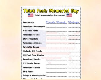Think Fast Memorial Day Games, Memorial Day Trivia, Printable Memorial Day Game for Kids and Adults, Family Reunion Games