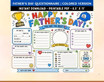 Father's Day Printable Questionnaire, All About My Dad Coloring Page, Kid's Activity Worksheet, Digital Download