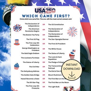Op de afbeelding: Een patriottisch printbaar spel met de tekst "USA 250 WHICH CAME FIRST?" met vragen over de Amerikaanse geschiedenis. Bevat illustraties van vuurwerk, een cupcake en het Vrijheidsbeeld. De tekst "INSTANT DOWNLOAD" is ook zichtbaar.