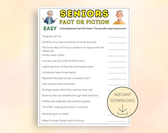 Fact or Fiction Game Easy, Games for Senior Citizens, Elderly Games, Seniors Memory Game, Senior Party Game, Brain Games for Seniors