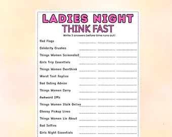 Ladies Night Think Fast Game, Think Quick Game for Pajama Party, Girls Night Out Trivia, Women's Night Printable Games