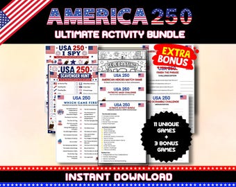 USA 250 Activity Bundle, 4th of July Games Printable, Independence Day Party Games, Senior Activities, Trivia Word Search