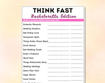 Bachelorette Games Printable, Think Fast Bridal Shower Game, Girls Night Party Game, Hen Party Activity, Wedding Weekend Game