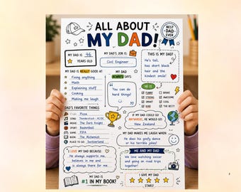 All About My Dad Printable, Father’s Day Questionnaire for Kids, Dad Interview Worksheet, Fill In Father’s Day Gift, All About Dad Poster