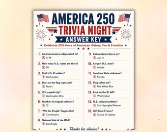 America 250 Trivia Night Game, Printable Family Game Night, Patriotic Party Game, 4th of July Trivia