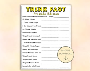 Think Fast Party Games for Adults, Ice Breaker Game, Printable Game Night Activity, Fun Group Game