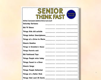 Senior Think Fast Game Printable, Nostalgia Party Game, Retirement Party Games, Elderly Games, Retiree Games, Retirement Gifts