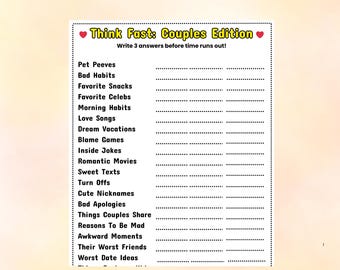 Couples Game Night Printable, Think Fast Couples Edition, Date Night Game, Relationship Game, Fun Couples Activity