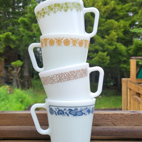 Vintage Pyrex D handle mugs. One of each! Butterfly Gold Spring Blossom Old Town Blue Woodland Corningware
