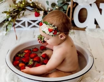 Baby floral headband Strawberry hair accessories hairpiece Strawberries berry first prop photo blossom boho flower 1st 2nd birthday