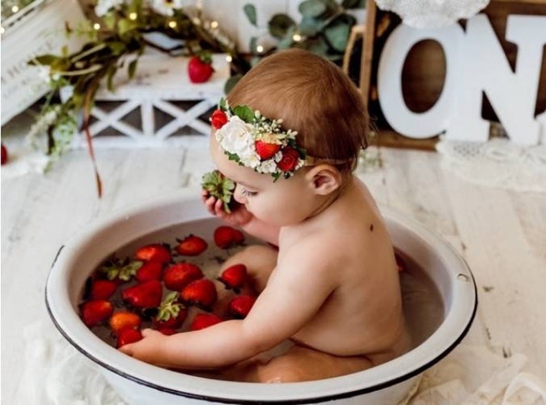 Baby floral headband Strawberry hair accessories hairpiece Strawberries boho photo prop session blossom first boho flower 1st pink birthday image 3